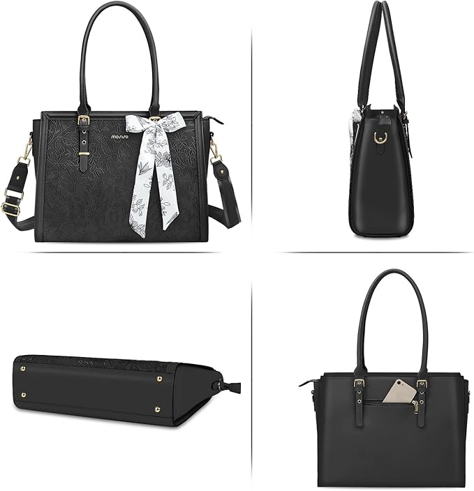 MOSISO Laptop Bag for Women, 15.6-16 inch PU Leather Tote Bag Compatible with MacBook, HP, Dell, Asus Notebook, Front Embossed Retro Hibiscus Computer Bags with Silk Scarf&Clutch Purse, Black