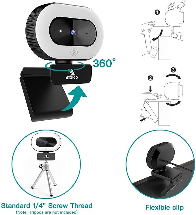 NexiGo StreamCam N930E, 1080P Webcam with Ring Light and Privacy Cover, Auto-Focus, Plug and Play, Web Camera for Online Learning, Zoom Meeting Skype Teams (Renewed)