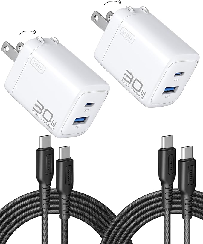 INIU for iPad Air Pro Charger, 30W PD QC Fast Charging, Dual Port Foldable iPad Charger with Black Cable, GaN Tech USB C Power Adapter for iPhone 17 16 Pro Max, iPad 11 Air, Kindle Samsung S25 White