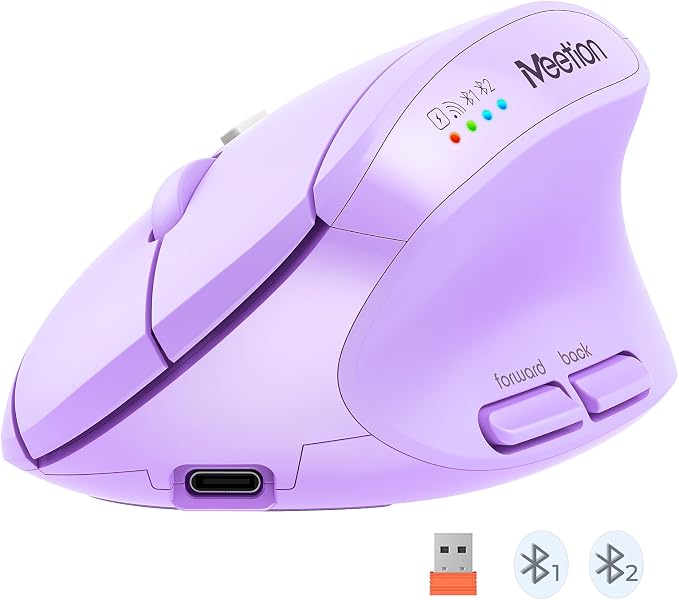 MEETION Ergonomic Mouse, Wireless Mouse, Bluetooth Vertical Rechargeable Mice, 4 Adjustable DPI 800-2400, Bluetooth 5.2+5.2+USB Mouse for Windows/Mac, for Laptop/PC/Desktop/Computer/iPad - Purple