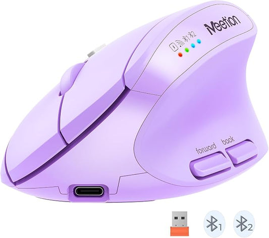 MEETION Ergonomic Mouse, Wireless Mouse, Bluetooth Vertical Rechargeable Mice, 4 Adjustable DPI 800-2400, Bluetooth 5.2+5.2+USB Mouse for Windows/Mac, for Laptop/PC/Desktop/Computer/iPad - Purple