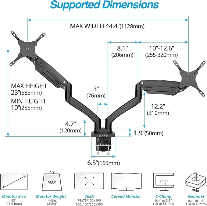 AVLT Dual Monitor Arm Desk Mount for 13"–43" Flat/Curved Screens with USB-A Pass-Through, Full Motion Height Adjustable Swivel Tilt Rotation VESA/C-Clamp/Grommet/Cable Management, Black