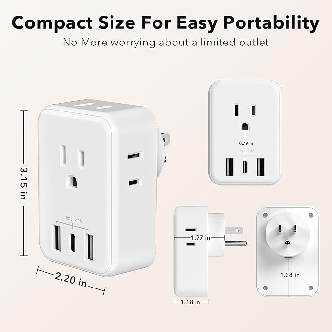 BN-LINK Multi Plug Outlet Extender with AC Outlets and USB Ports, Outlet Splitter with 3 USB Ports (1 USB C), Wall Charger Adapter for Dorm, School, Travel, Office, Home (4 Outlets (Pack of 1))