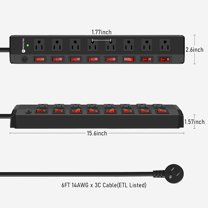 3PCS 8 Outlet Heavy Duty Power Strip with 8 Individual Switches,Moutable Metal Power Strip Surge Protector 1200 Joules,6FT 14AWG Extension Cord,15A 1800W 125V 60Hz