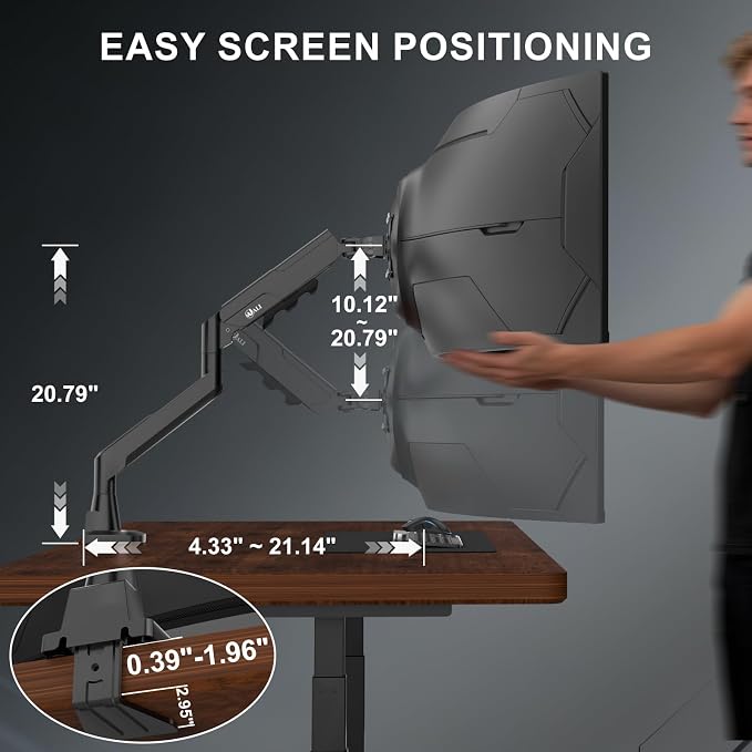 WALI Heavy Duty Single Monitor Arm for 17-49 Inch Flat Curved Ultrawide Screens, up to 33 Lbs, Adjustable Single Monitor Desk Mount for Home Office Gaming, VESA 75/100mm (GSM001XLN), Black