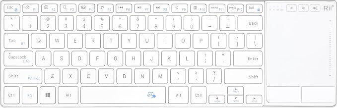 Rii K22S 2.4G Wireless and Bluetooth Touch TV Keyboard with Easy Media Control and Built-in Touchpad,Stainless Steel Compact Keyboard for Windows, Android, Chrome OS, Laptop, Tablet - White