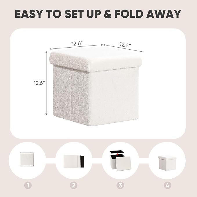 PINPLUS Storage Ottoman Cube Square Shaped Ottomans with Storage Foot Stool Footrest for Lving Room Boucle Ottoman Seat for Dorm Room,Faux Teddy Fur White,12.6"x12.6"x12.6"