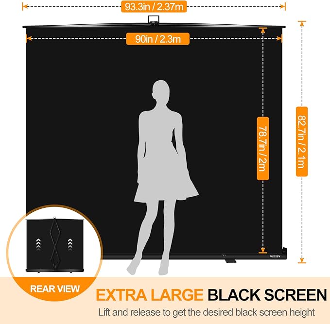FUDESY 78.7 x 90in Large Collapsible Black Backdrop Screen Portable Retractable Panel Wrinkle-Resistant Pop Up Photo Background with Stand for Streaming, Video Conference, Photographic Studio