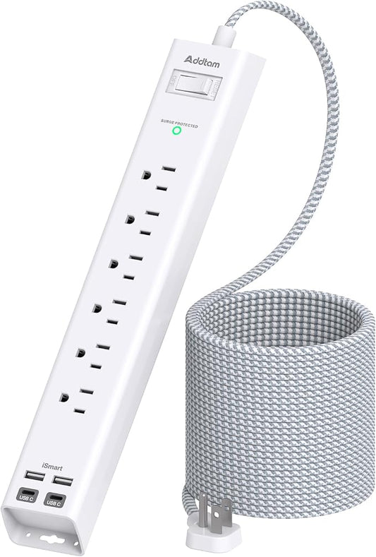 Addtam 20ft Extra Long Power Strip Surge Protector, 6 Outlets and 4 USB Ports (2 USB C), Ultra Flat Plug Wall Mount, Multi Plug Outlet Extender Desktop Charging Station for Home, Office, Garage