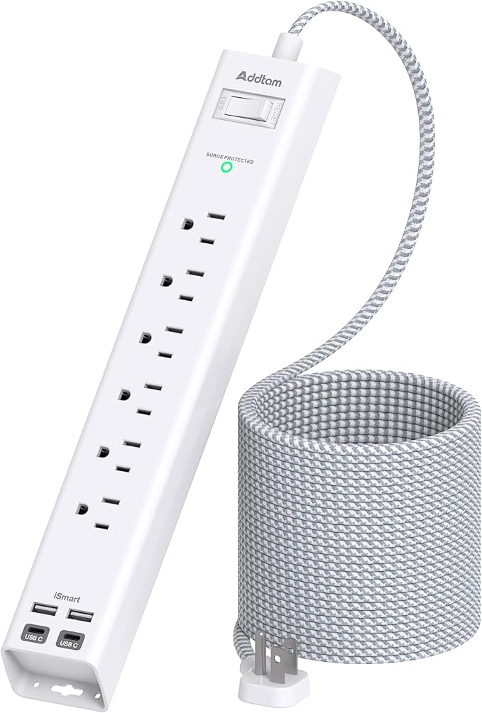 Addtam Power Strip Surge Protector - 15ft Long Extension Cord with 6 Outlets and 4 USB Ports (2 USB C), Ultra Flat Plug Wall Mount, Heavy Duty Charging Station for Home Office Dorm