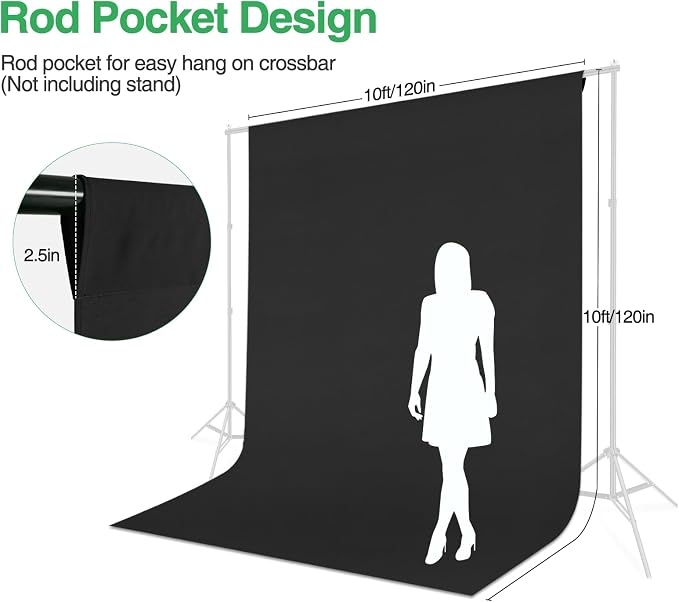 Black Backdrop Curtain 10x10ft (WxH), Black Photo Backdrop for Photography Polyester Collapsible Background Screen for Portrait, Product Video, Pet, Photoshoot, Birthday, Party