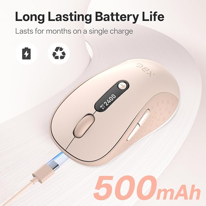 XBG B15pro Wireless Bluetooth Mouse, Bluetooth 5.0/4.0 & 2.4G Tri-Mode, Type-C Rechargeable with LED Screen Display, Ergonomic Silent Click for Laptop/PC/Tablet, Multi-Device & Office Use-Pink