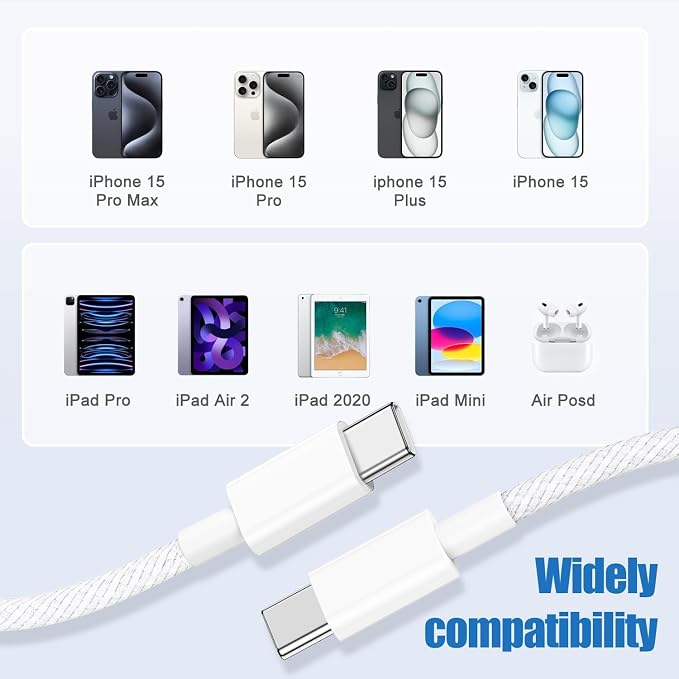 USB C to C Charging Cable 3ft, 60W Fast Type C to C Charger Cord Short for Apple iPhone 17 Pro Max/17 Air/16 Pro Max/15 Plus, MacBook Pro 2021/2020/2019,iPad 12.9/11 inch/Mini/Air 5/4,Samsung Galaxy