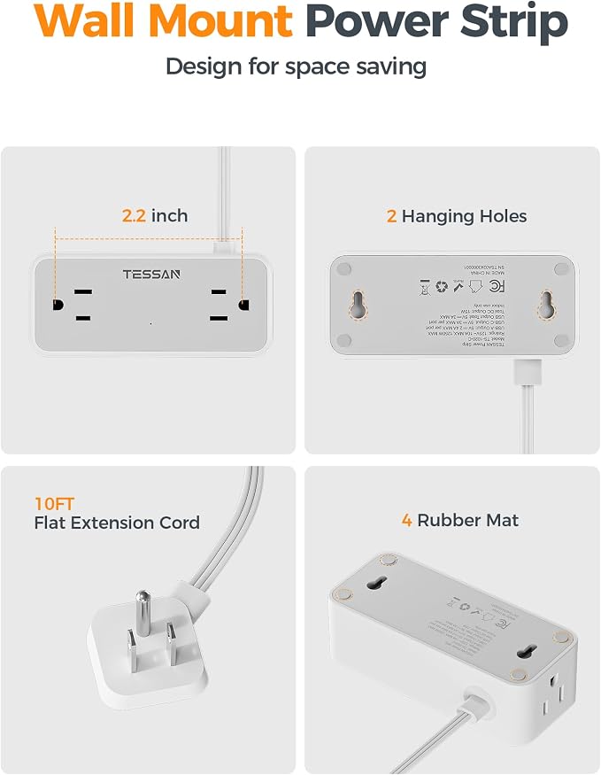 TESSAN Flat Plug Extension Cord 10 FT, Surge Protector Power Strip with 4 AC Outlets 1 USB C and 2 USB A Ports, 900 Joules Protection, Multiple Wall Outlet Extender Suitable for Office Dorm, Grey