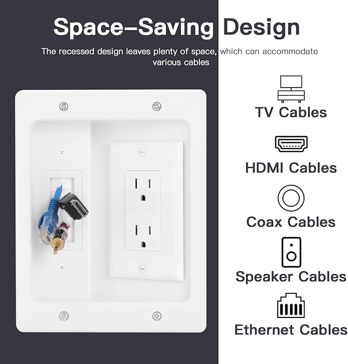 Wall Cable Concealer Kit, in Wall Cable Management Kit for TV,Recessed Outlet with Outlet Box and Brush Wall Plate,Integrated Solution for Orderly Management of Cables in the Living Room,White
