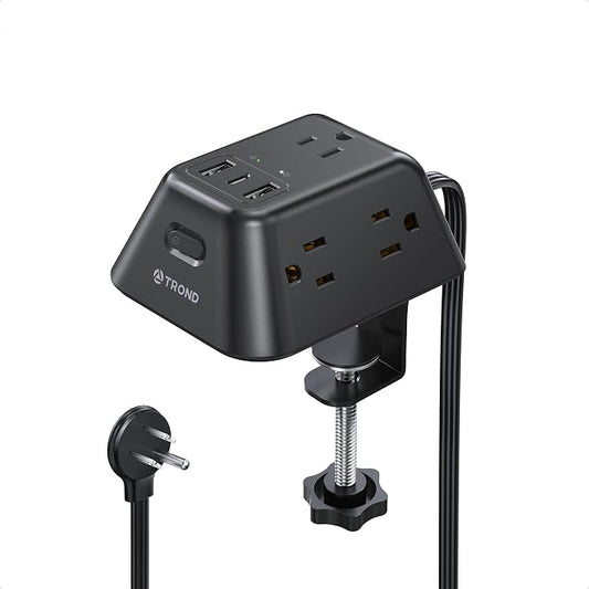 Desk Clamp Power Strip, Surge Protector with 5 AC Outlets and 3 USB Ports, Desk Mount Charging Station, Fit 1.97in Tabletop Edge Thick, 6FT Extension Cord, for Home Office Gaming Accessories, Black