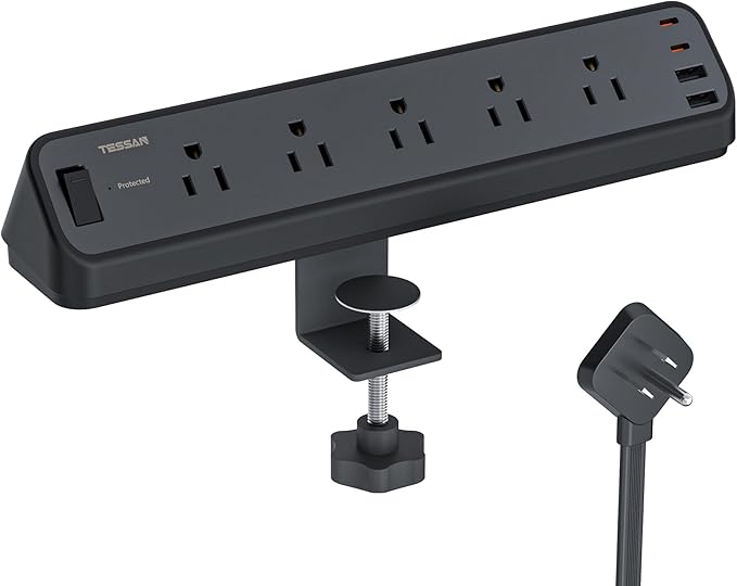 TESSAN Desk Clamp Power Strip 6 Ft, 2100J Surge Protector Desk Charging Station, 5 Outlets with 4 USB Ports (2 USB C), Flat Plug Extension Cord with Multiple Outlets for Home Office Dorm Room, Black