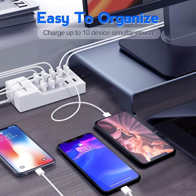 USB Charger USBA Wall Charger with Rapid Charging Auto Detect Technology Safety Guaranteed 10-Port Family-Sized Smart USB-A Ports for Multiple Devices Smart Phone Tablet Laptop Computer