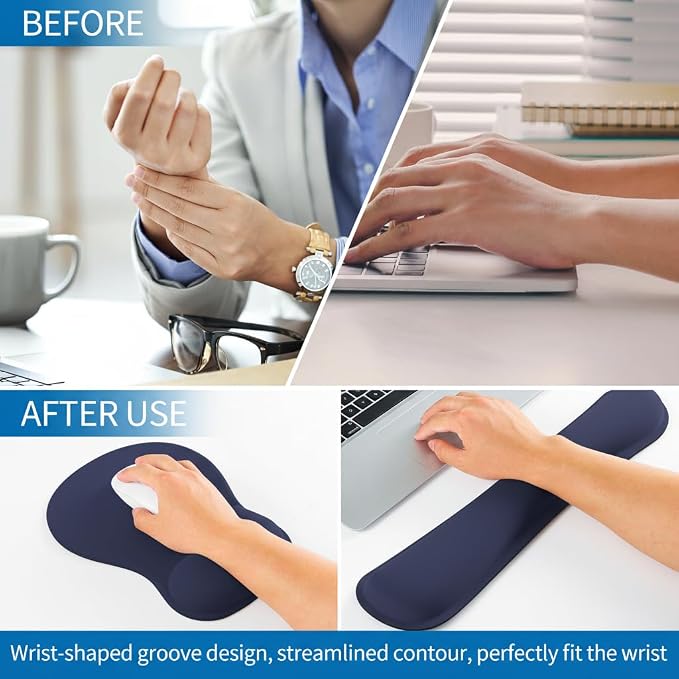 RICHEN Wrist Rest Support for Mouse Pad&Keyboard Set with Coaster,Concave Curved Memory Foam, Non-Slip Base Pain Relief Comfortable Easy Typing Pad for Home/Office (Navy Blue)