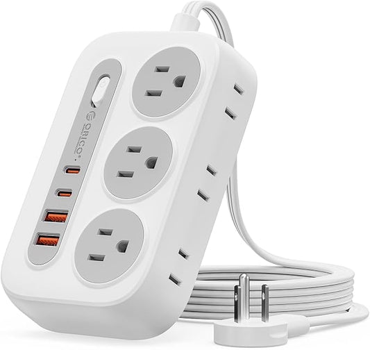 ORICO Surge Protector Power Strip, PD20W Multiple Outlets Extension Cord with 6 AC Outlets and 4 USB Charging Ports (2 USB-C), 45° Flat Plug, 5 Ft Mountable Outlet Extender for Home/Office/Dorm - OG