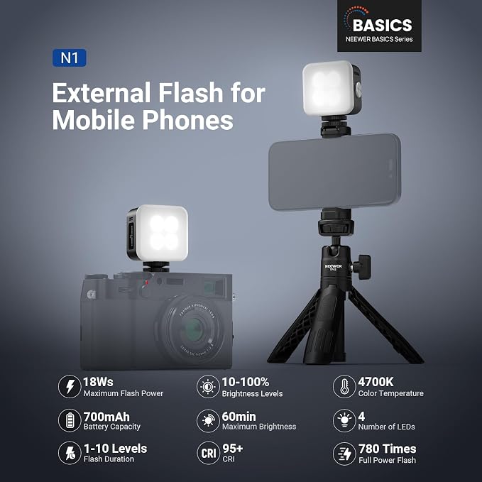 NEEWER BASICS Magnetic Phone Flash Speedlite & Selfie Light Compatible with iPhone Samsung Android, 18Ws GN12 Equivalent 700mAh Mini LED Ring Fill Lighting with Display for Photo & Video Recording, N1