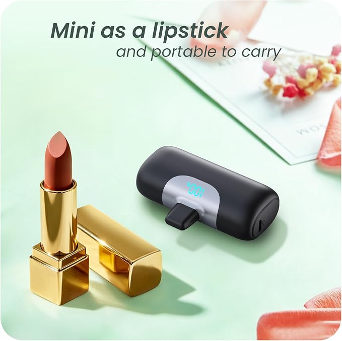 [2-Pack] 5500mAh Portable Charger for iPhone 17/16, LCD Display USB C Mini Power Bank,PD Fast Charging Lipstick Sized Battery Pack for iPhone 17/16/15 Pro Max, Galaxy S25/S24, Pixel (Black+Sliver)