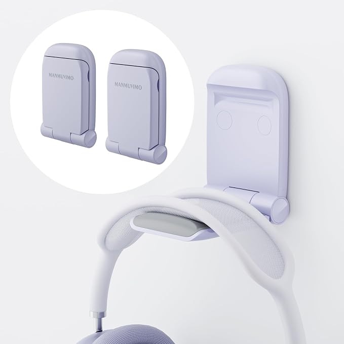MAMUVIMO Headphone Stand, 2 Pack Headset Stand Foldable＆Sticky, Headphone Holder Hook Mount with Non-Slip Silicone, Adhesive Earphone Desk Hanger Clip Space-Saving for Airpods Max All Earphones Purple