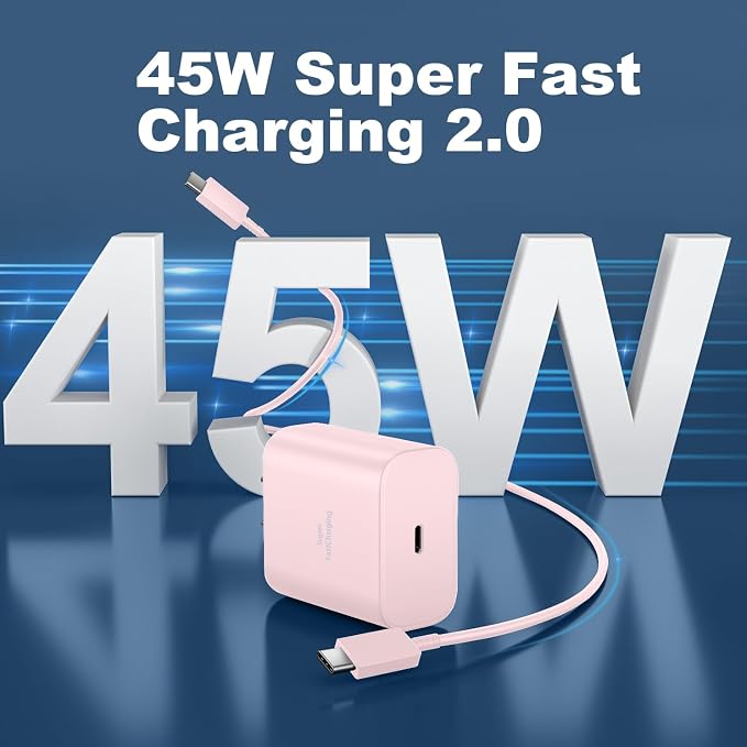 USB-C Super Fast Charger 45Watt Type C Android Phone Charging Block with 10FT Cable for Samsung Galaxy S26 S25 S24 S23 Ultra/S26 S25 S24 S23 S22 S21 S20/Note 10/20-Pink