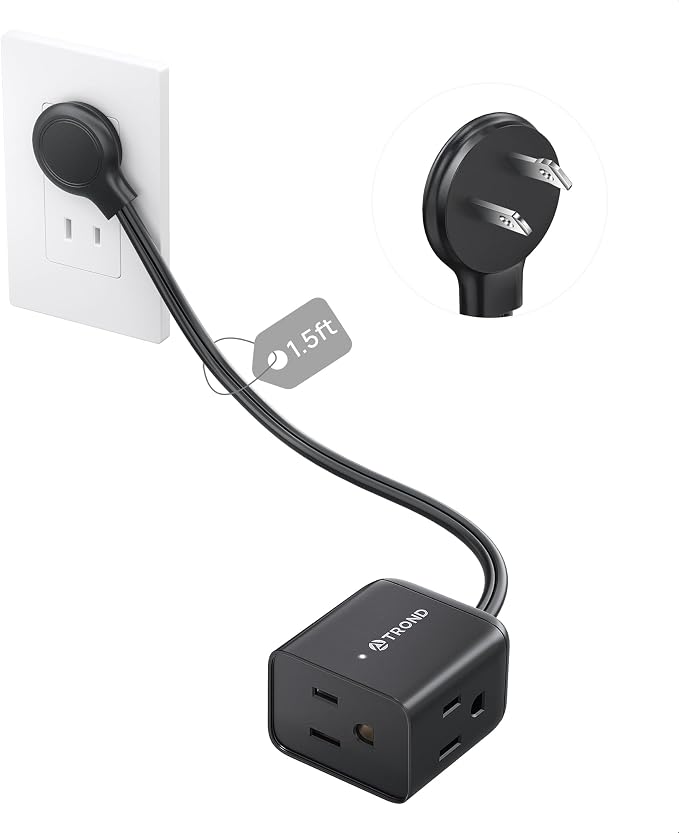 TROND Indoor 2 Prong to 3 Prong Extension Cord 1.5ft - Polarized Flat Plug for Behind Furniture, Small 3 Way Outlet Extender for Non-Grounded Socket in Old House Home Office Kitchen Travel, Black