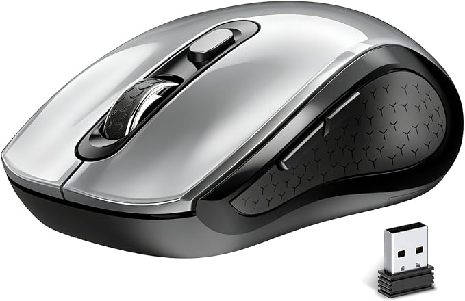 Wireless Mouse Ergonomic, Side Buttons Mouse, 2400 DPI, Silent and Anti Slip Roller Cordless Mice, 2.4Ghz with USB Receiver, 6 Buttons, Suitable for Laptop PC Chromebook and Windows 11/10/7 - Grey