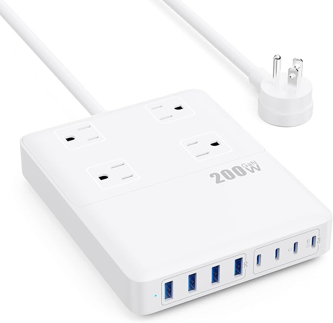 200W USB C Charging Station Power Strip with Cord and Plug,USB C Charger Block,4 AC Outlets,8 USB Ports for MacBook,iPhone 17/16/15,Fast Charging Desktop Charger for Office,Home (White)