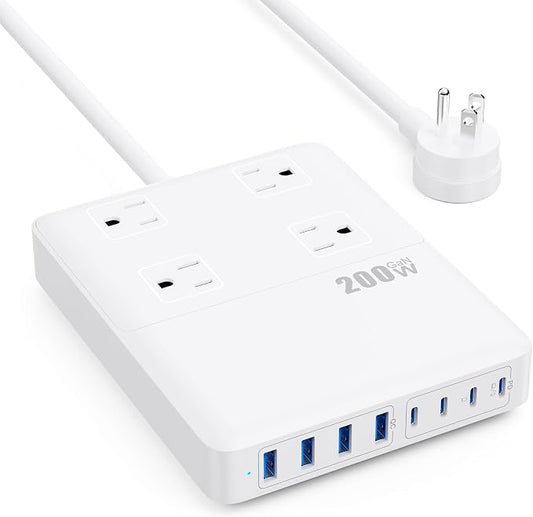 200W USB C Charging Station Power Strip with Cord and Plug,USB C Charger Block,4 AC Outlets,8 USB Ports for MacBook,iPhone 17/16/15,Fast Charging Desktop Charger for Office,Home (White)