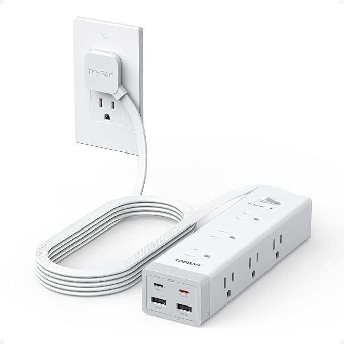 TESSAN Surge Protector Power Strip PD 20W, Ultra Thin Flat Plug 10 FT Extension Cord, 9 Outlets 4 USB(2 USB C), 1050J Protection Multiple Outlets Charging Station for Home, Office, College Dorm Room