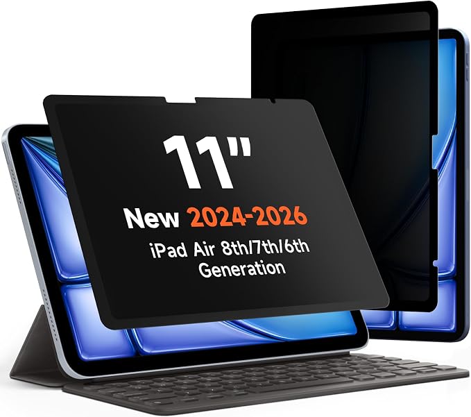 Upgrade 360° Privacy Screen Protector for iPad Air 11 inch M4 2026 & M3 2025 & M2 2024, (iPad Air 8th/7th/6th Generation), Magicsuction 4-Way Anti Spy Glare Blue Light Filter, Bubble Free/Reusable