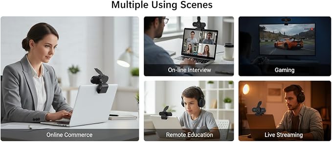 2K HD Webcam with Microphone, Noise Cancellation, Privacy Cover, Wide-Angle Lens, Auto Light Correction, Plug & Play USB Webcam for Laptop, Desktop, PC, Mac, Zoom, Skype, Streaming