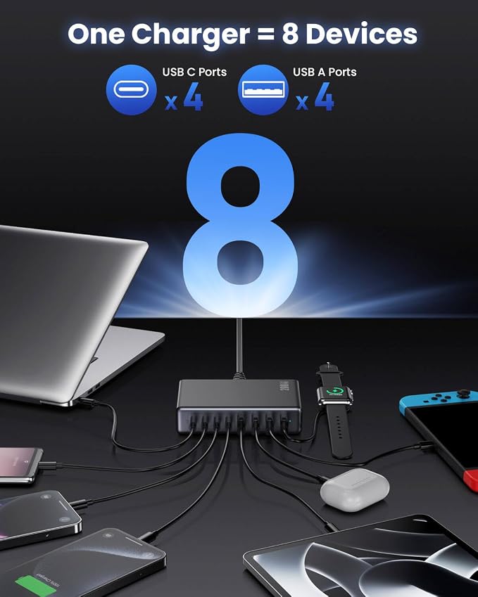 USB C Charger 200W USB C Charger Block,Upgraded GaN III 8-Port Fast Charging Station Hub,PD 65W Laptop Charging Adapter Compatible with MacBook Pro/Air,DELL,Steam Deck,iPhone 16/15/14,Galaxy S23/22