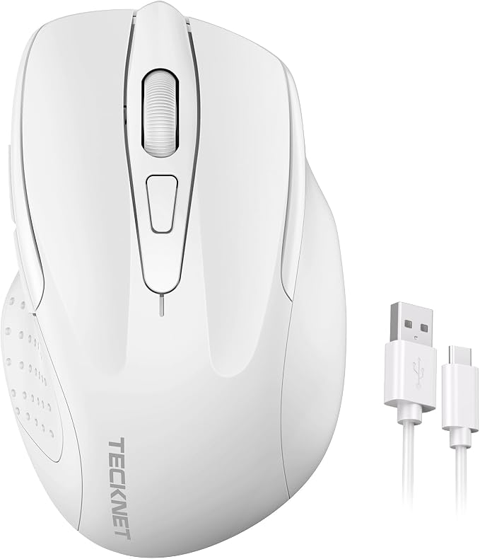 TECKNET Wireless Mouse Rechargeable, 2.4G USB-A Silent Mouse, Quiet Click, 6 Adjustable 4800 DPI, Cordless Computer Mice, Ergonomic Mice for Laptop, 6 Buttons for Chromebook, Ergo Grip - White