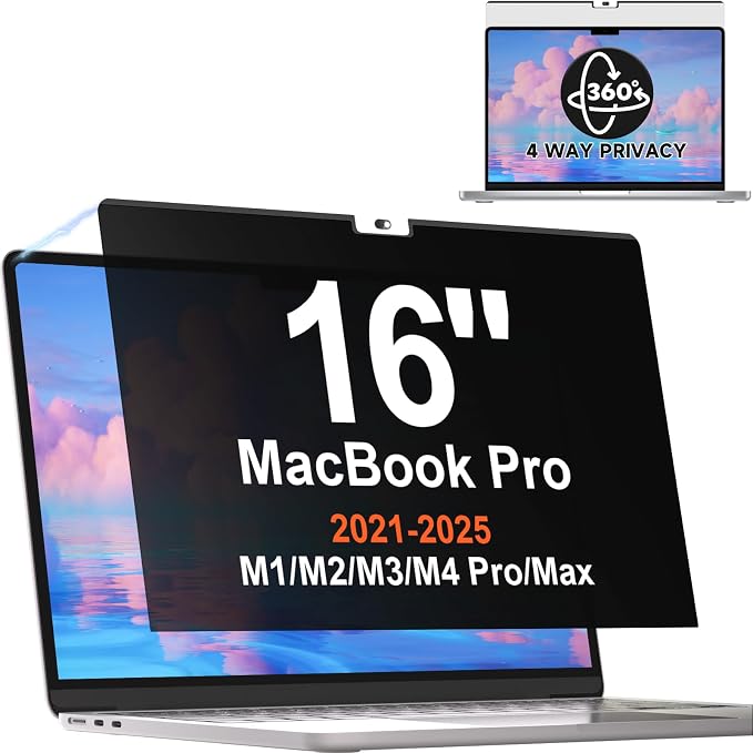 Magnetic 360° Privacy Screen for MacBook Pro 16 Inch (2021-2026, M1, M2, M3, M4, M5, Pro, Max), Removable Anti Glare Blue Light Filter, 4 Way Anti Spy Black Protector for Mac Pro 16In