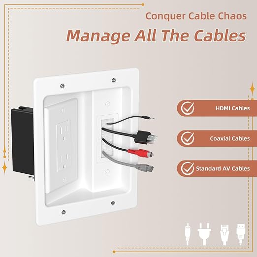 in Wall Cable Management Kit with Brush Wall Plate TV Wire Hider for Wall 2AC Recessed Outlet Box 9.8ft Cord for TV Gaming Consoles Soundbars Home Theater Setups (AC kit)