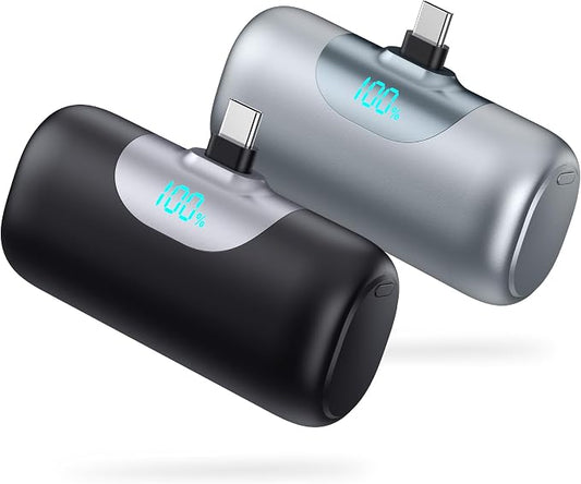 [2-Pack] 5500mAh Portable Charger for iPhone 17/16, LCD Display USB C Mini Power Bank,PD Fast Charging Lipstick Sized Battery Pack for iPhone 17/16/15 Pro Max, Galaxy S25/S24, Pixel (Black+Sliver)