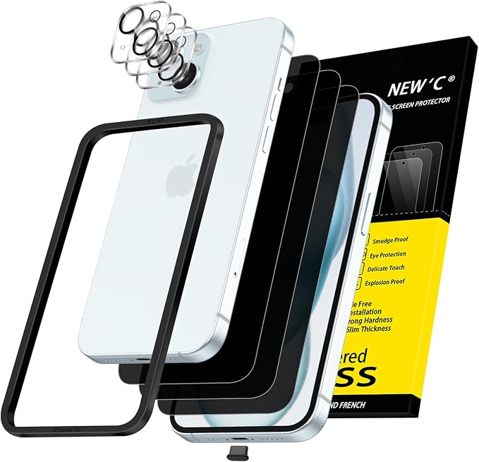 NEW'C 3x Privacy for iPhone 15 Screen Protector (6.1 inches)+ 3x Camera Lens Protector, Sensor Protection, Case Friendly Tempered Glass Film + Dust Plug - Easy installation tool included | Sensor Protection