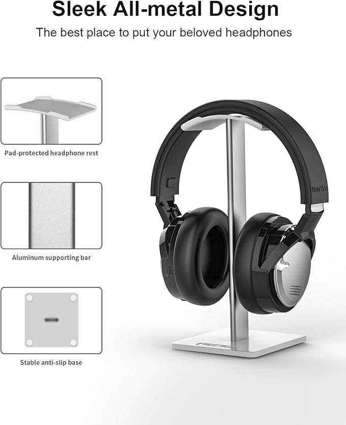 New Bee Headphone Stand Headset Holder Earphone Stand with Aluminum Supporting Bar Flexible Headrest ABS Solid Base for All Headphones Size (White)