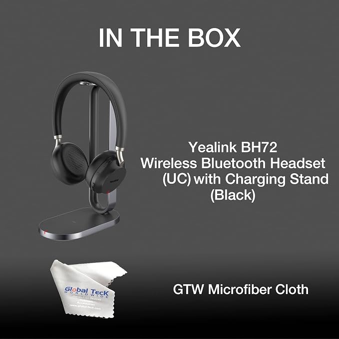 Global Teck Worldwide Yealink BH72 Wireless Bluetooth Stereo Headphones w/Mic, 35-Hour Battery, Wireless Charging, Work from Home Office - Zoom, Meet, Webex, Calls, Noise Cancellation Mic, GTW Cloth