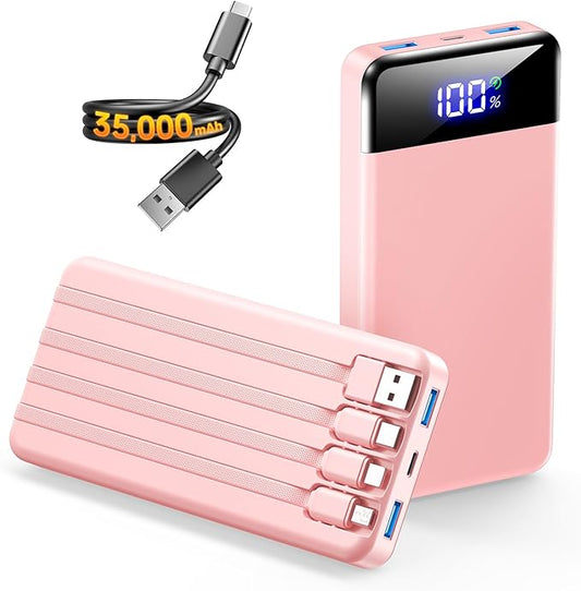 Portable Charger 35000mAh Power Bank - Powerbank with 4 Built in Cables, 22.5W Fast Charging Travel Camping Essential Battery Pack Compatible with iPhone 17 16 15 14 13 Samsung Google, 1 Pack