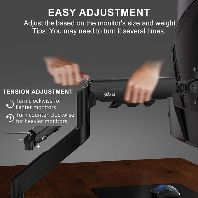WALI Heavy Duty Single Monitor Arm for 17-49 Inch Flat Curved Ultrawide Screens, up to 33 Lbs, Adjustable Single Monitor Desk Mount for Home Office Gaming, VESA 75/100mm (GSM001XLN), Black