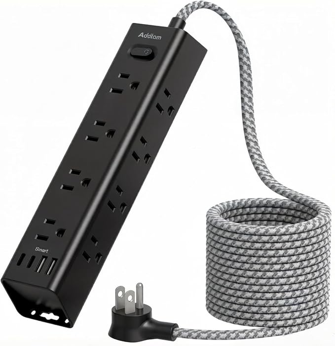 Addtam Black Power Strip Surge Protector with 12 AC Outlets & 4 USB Ports, 25FT Extra Long Extension Cord, Flat Plug, 1050J, Wall Outlet Extender for Garage Workshop Basement Warehouse, ETL Listed