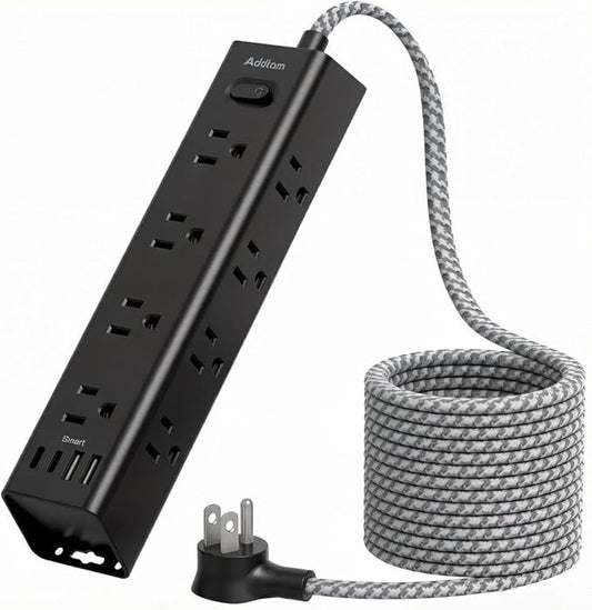 Addtam Black Power Strip Surge Protector with 12 AC Outlets & 4 USB Ports, 5FT Extension Cord, Flat Plug Wall Mount, 1050J, Desk Charging Station for Home Office Gaming Setup, ETL Listed