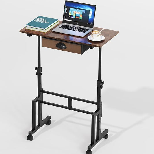 Adjustable Height Standing Desk With Drawer, Rolling Sit Stand Up Desk With Wheels, Small Sit To Stand Computer Desk, Adjustable Desktop Height, On Wheels, Brown, For Walking Pad Laptop Treadmill