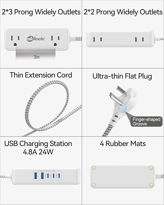 Power Strip with USB C, Small Extension Cord with 4 Outlets & 2 USB-A and 3 USB-C Ports 4.8A/24W Charging Station, 3 Ft 2 Sides Outlet Extender Non Surge Protector for Cruise Ship Travel Office Dorm