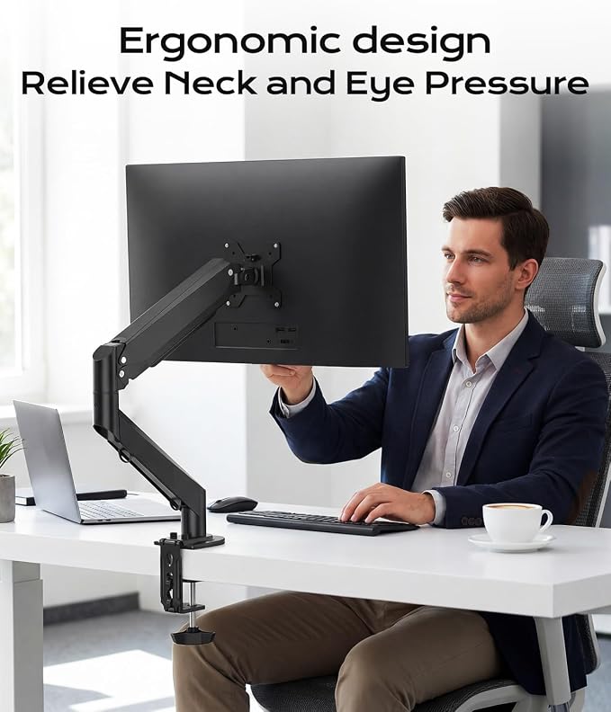 Pholiten Single Monitor Mount, Fully Adjustable Gas Spring Single Monitor Arm for up to 35 inch Screens, Computer Monitor Stand for Desk Holds up to 24lb, VESA 75/100mm, Black